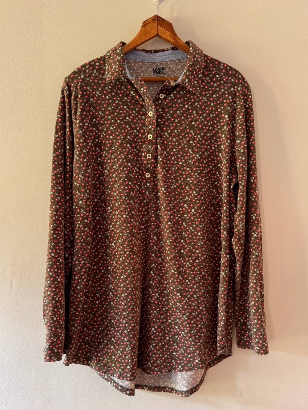 Lands’ End Floral Rugby Polo‎ Shirt, Sz XL, stretchy, soft, flower, long sleeve